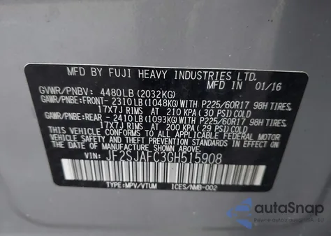 2016 Subaru Forester 2.5I Premium из США, поврежденный, VIN JF2SJAFC3GH515908